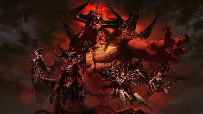 Diablo 4 season 15 official artwork with Diablo in the background and the prime evil in front