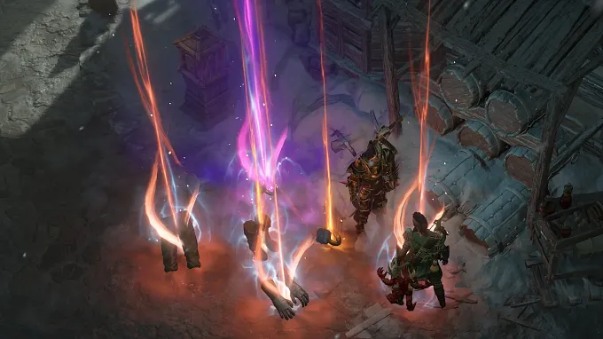 Diablo 4 unique and mythic beams coming from items on the ground as a character stands next to them