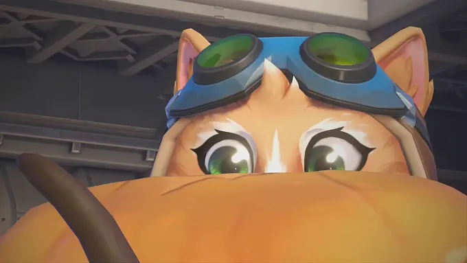 Overwatch Jetpack Cat looking over a Pumpkin during his Halloween Highlight intro
