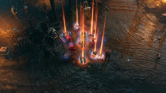 Diablo 4 Artificer’s Stash in Cerrigar dropping a pile of legendary gear beside the Obelisk