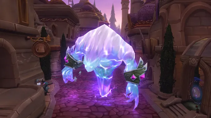 Large arcane elemental with gem-studded wrist bands on a narrow street in the WoW Forever City of Dalaran dungeon.